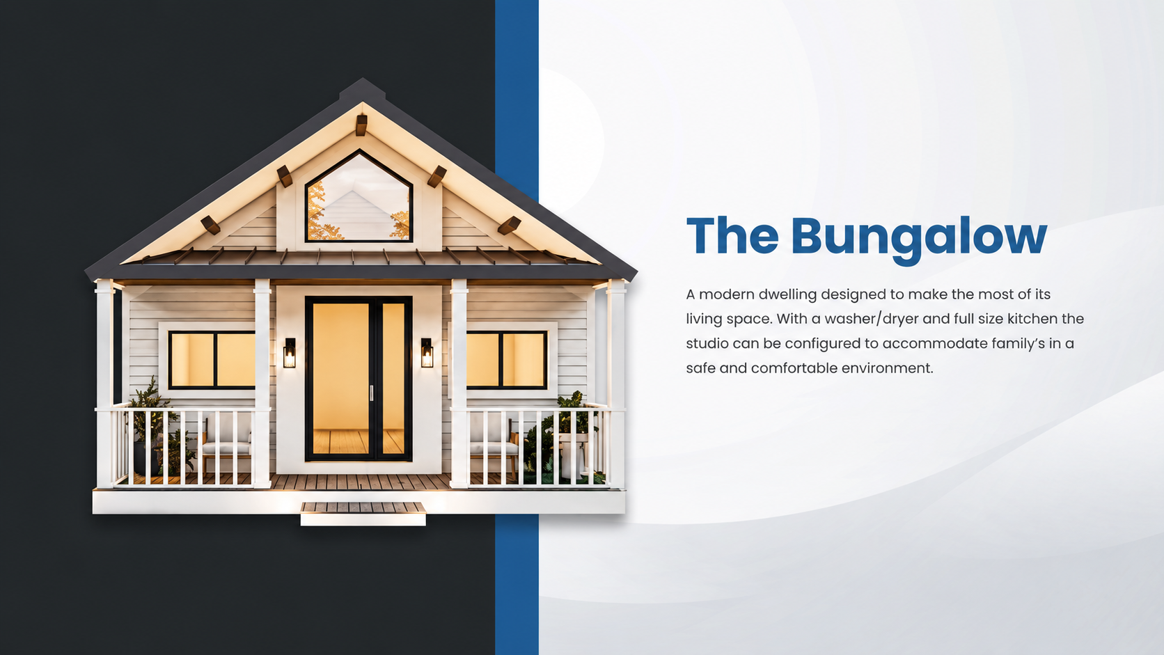 Bungalow deployable housing unit with porch and peaked roof