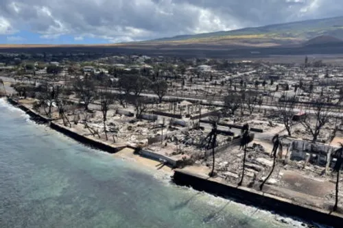 Aerial view of Lahaina wildfire damage along the Maui shoreline