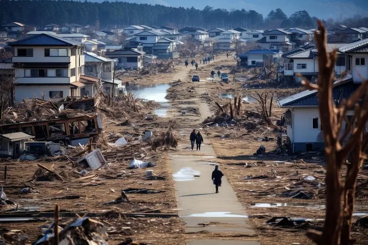 Flood-damaged neighborhood with debris and residents walking along a cleared path
